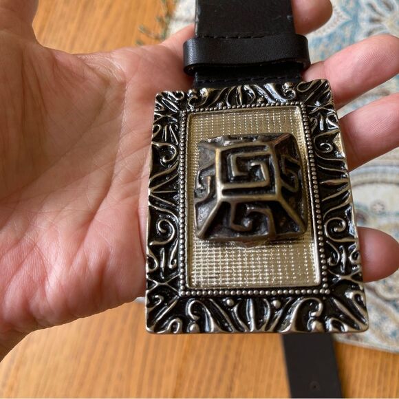 IItalian Leather Belt Mixed Metal Artisan Buckle Black Silver Tone Size L main image 6